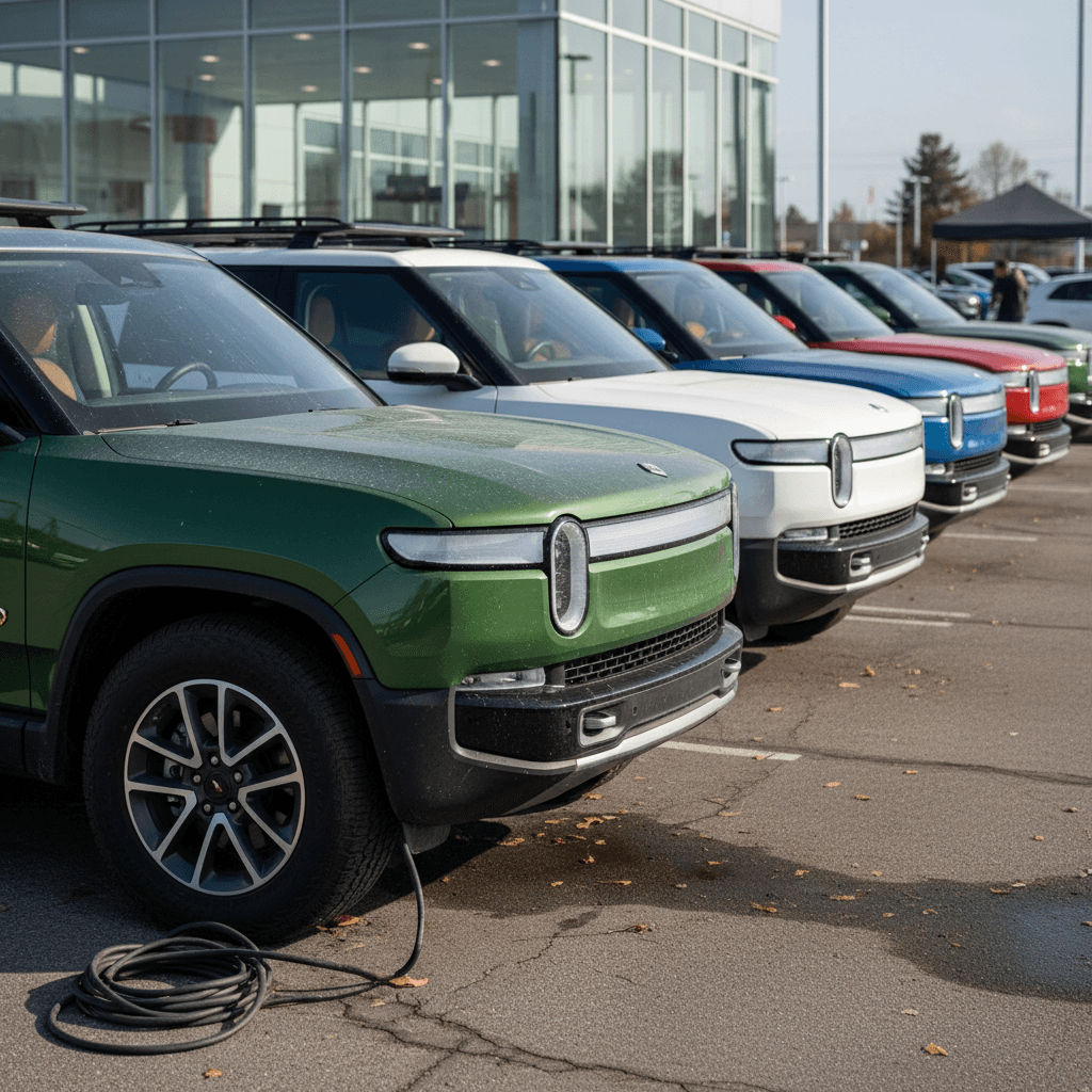 Row of used Rivian R1S SUVs in multiple colors parked on a dealer lot