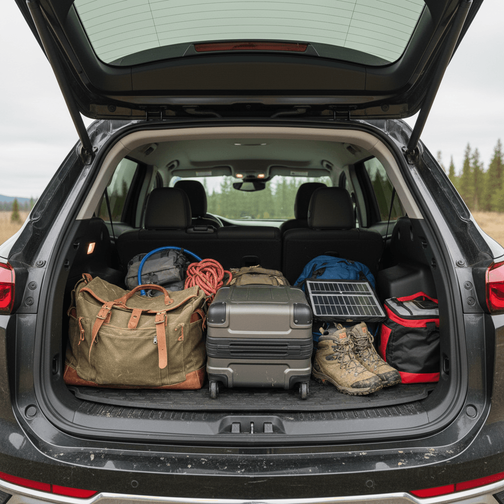 Chevrolet Blazer EV cargo area with rear seats folded flat and loaded with suitcases and camping gear