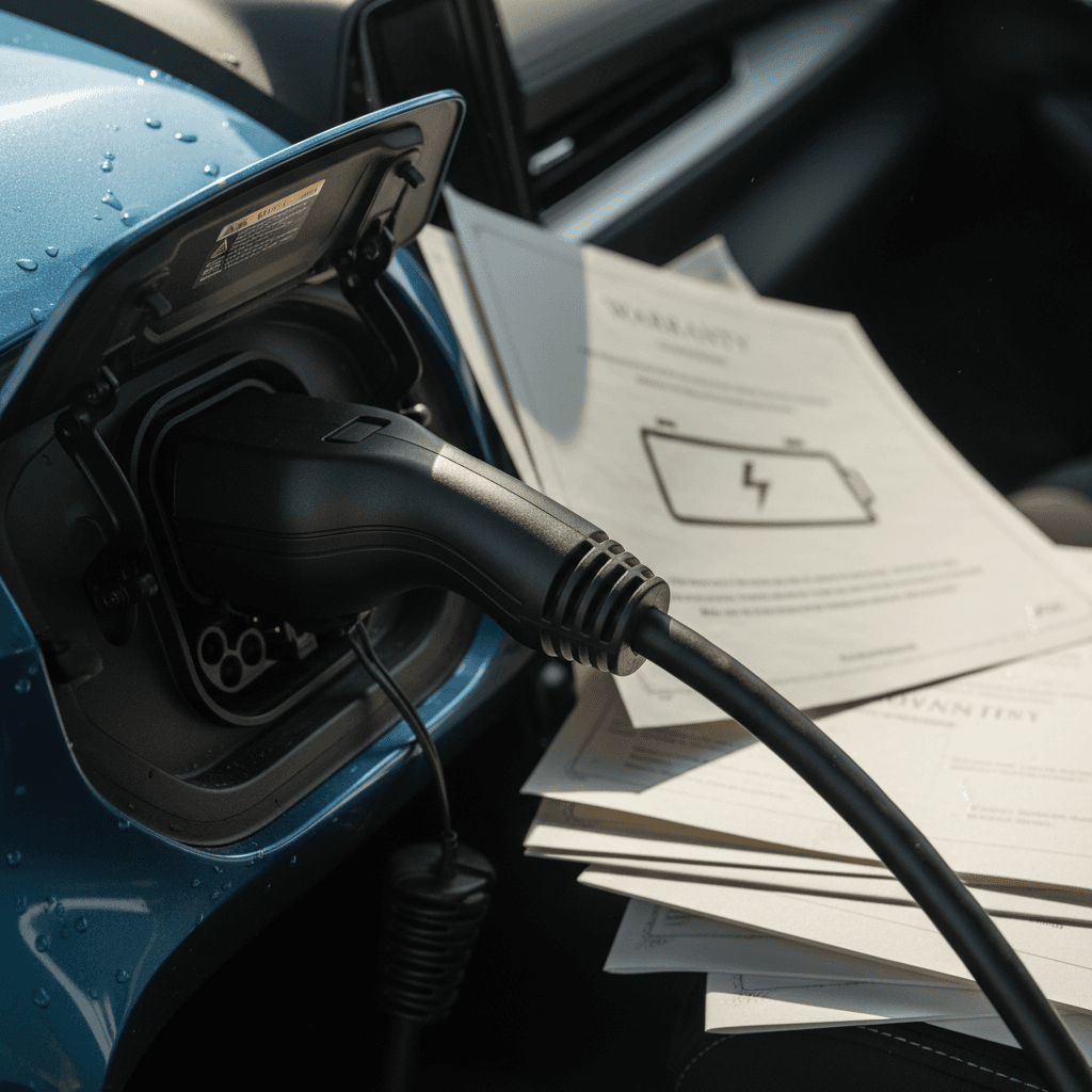 Close view of Subaru Solterra charging connector plugged in, with warranty booklet on dash