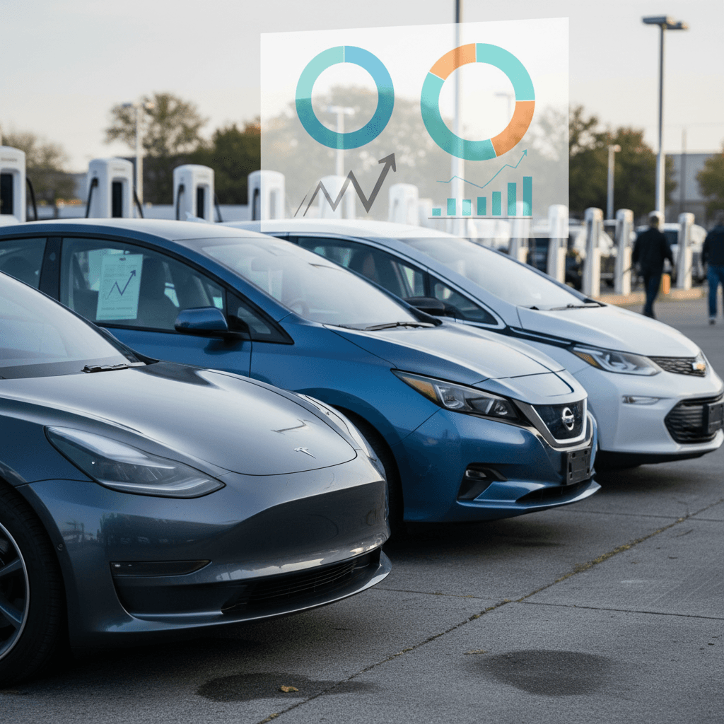 Line chart illustration showing new EV demand growth flattening while used EV demand and listings rise over time
