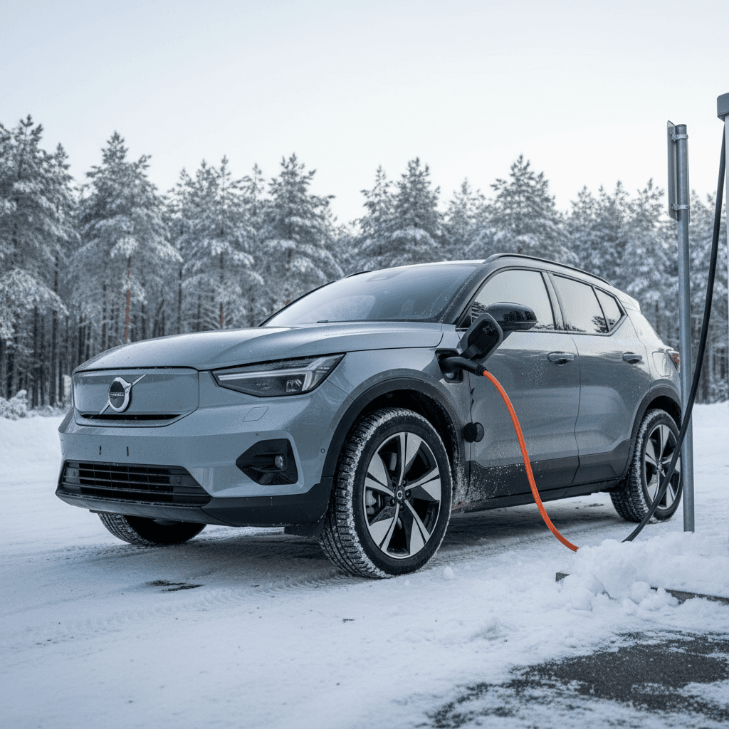 Volvo EX30 charging at a DC fast charger in snowy winter conditions