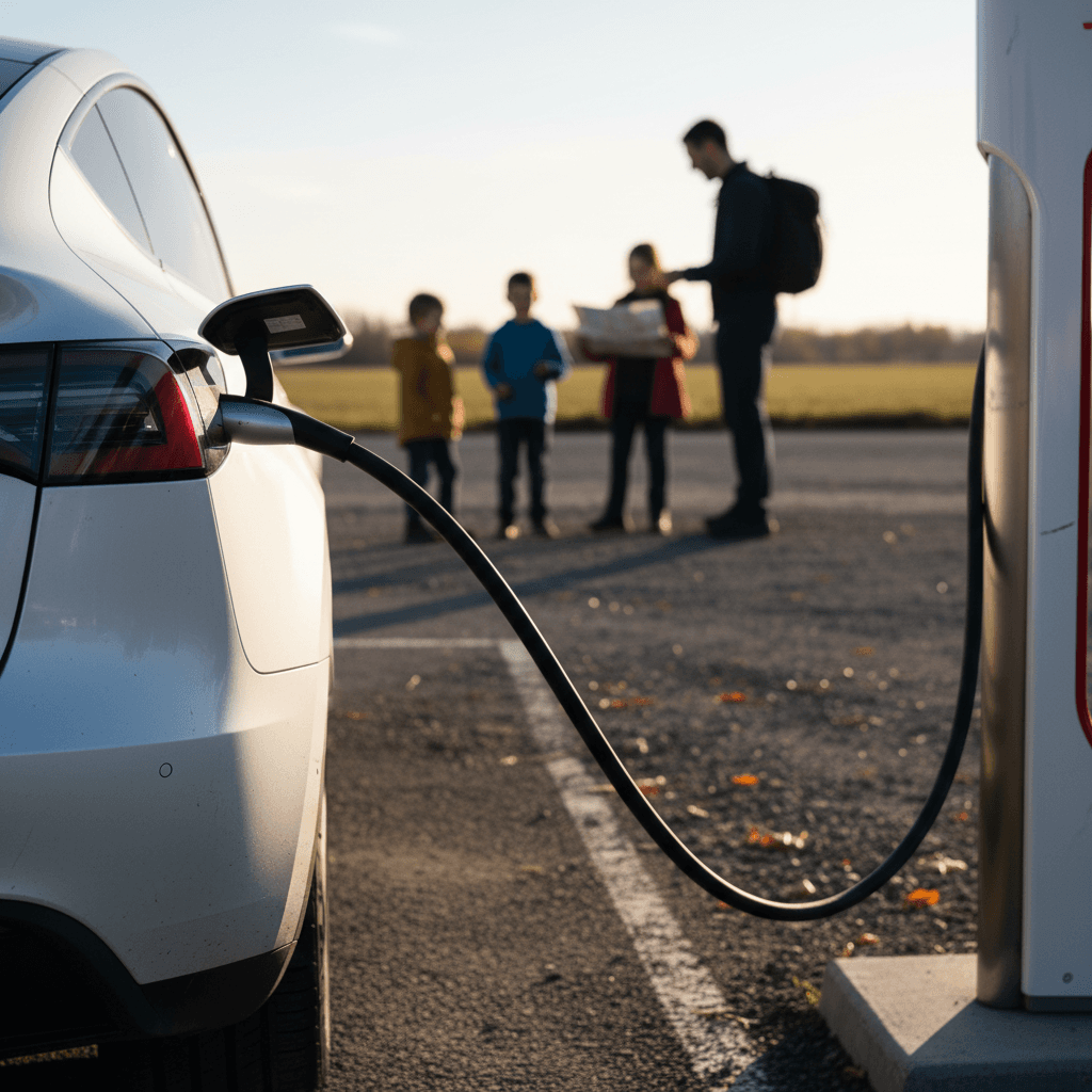 Tesla Model Y charging at a Supercharger station during a family road trip