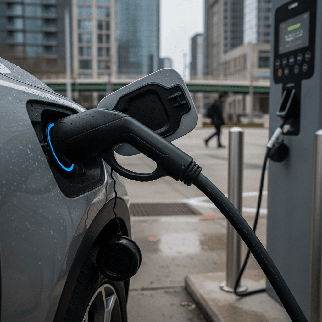 Chevrolet Blazer EV charging at a fast charging station, with range estimate shown on infotainment screen