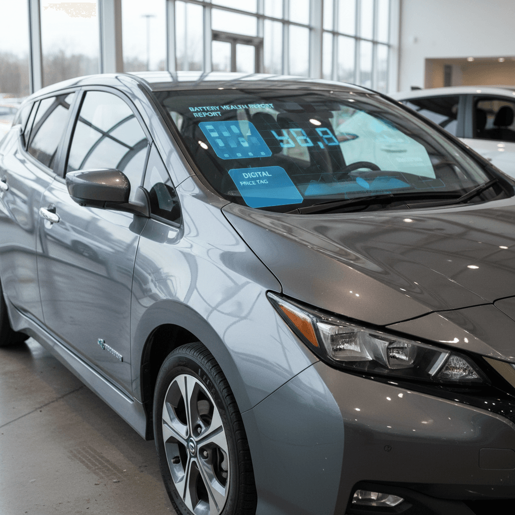 Laptop open to an automaker owner portal showing VIN and remaining warranty details for a used EV