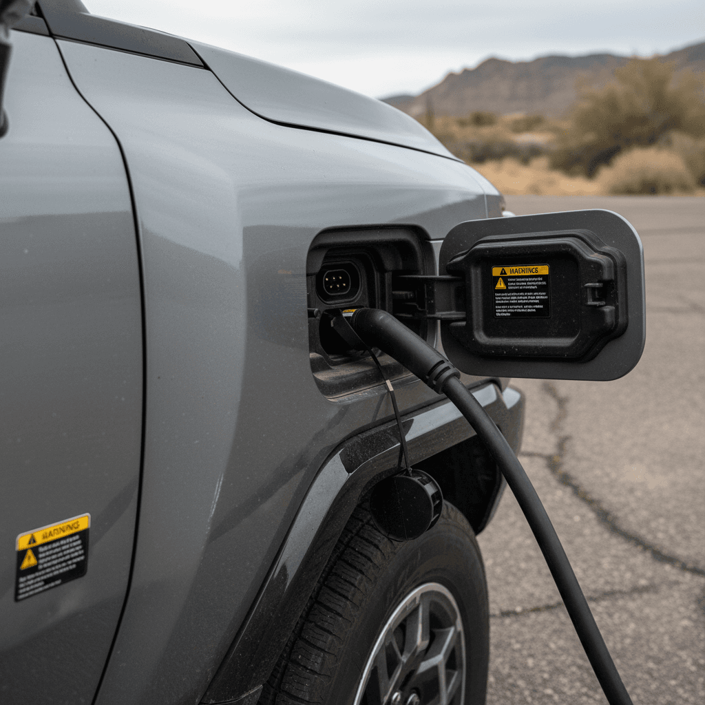 Close-up of a GMC Hummer EV charging port area with high-voltage warning label visible