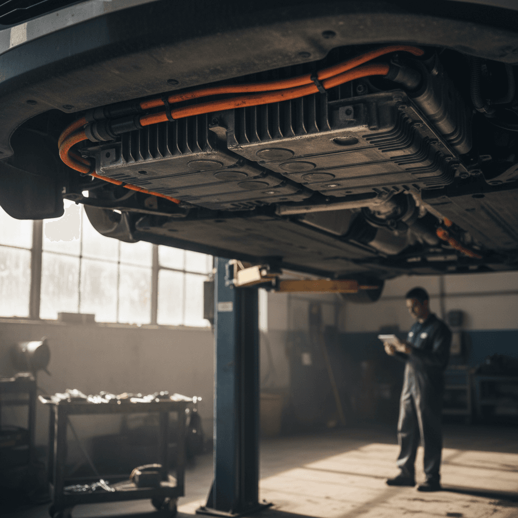 Mechanic inspecting an electric vehicle battery pack on a lift