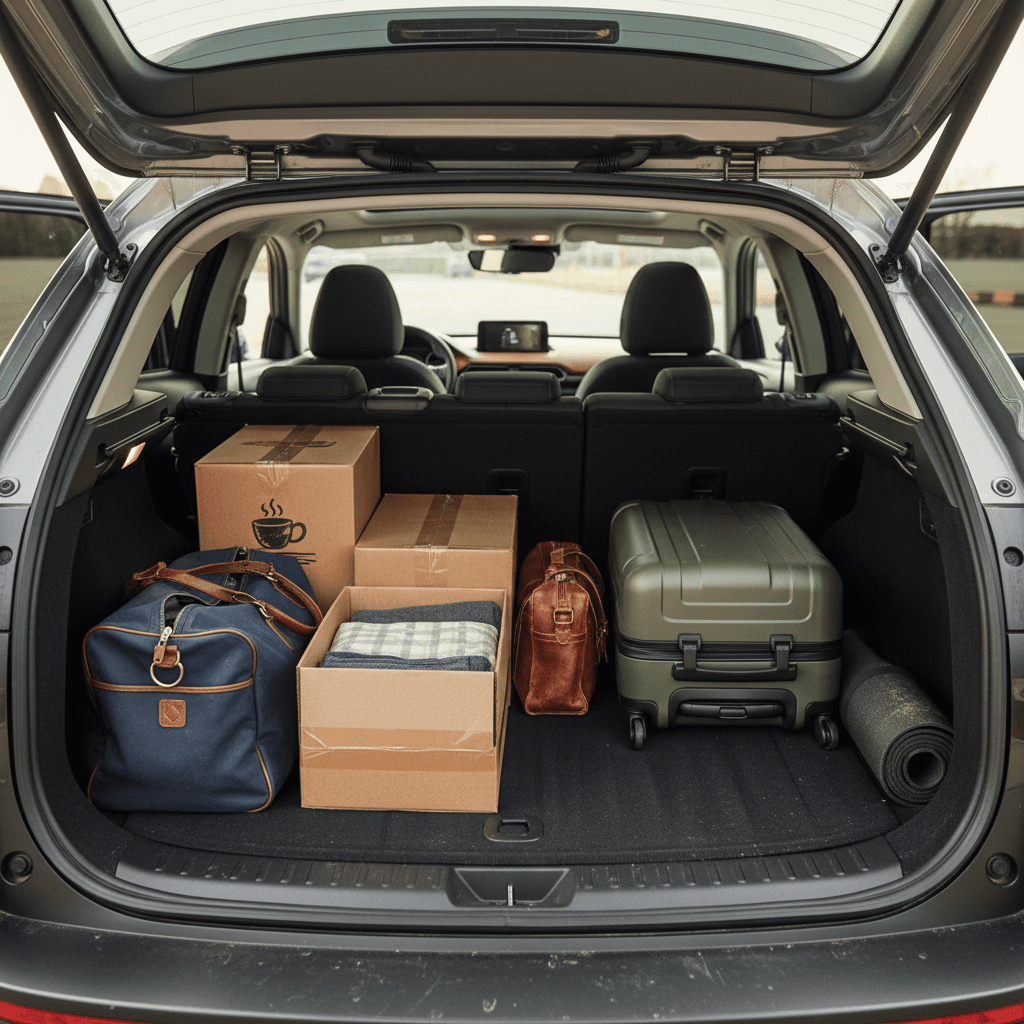 Overhead view of Mazda MX-30 cargo area with rear seats folded and various pieces of luggage loaded to demonstrate usable space.