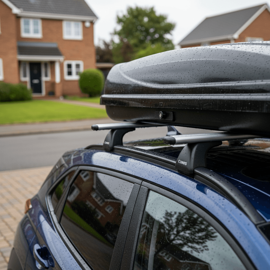 Hyundai Kona Electric with a roof cargo box and crossbars installed on factory roof rails