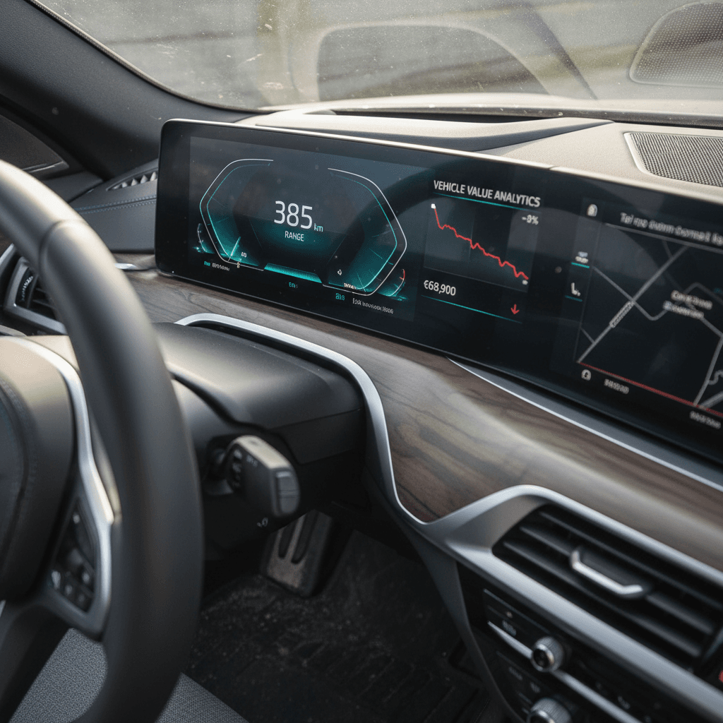 BMW i5 interior with digital displays showing range and ownership cost information