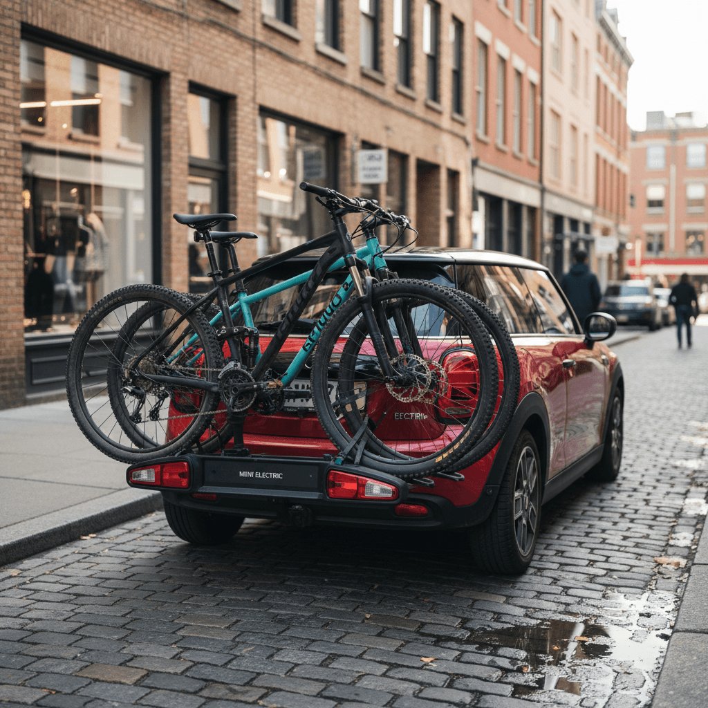 Mini Cooper SE with a hitch-mounted bike rack on a city street, illustrating added drag and weight but not true towing