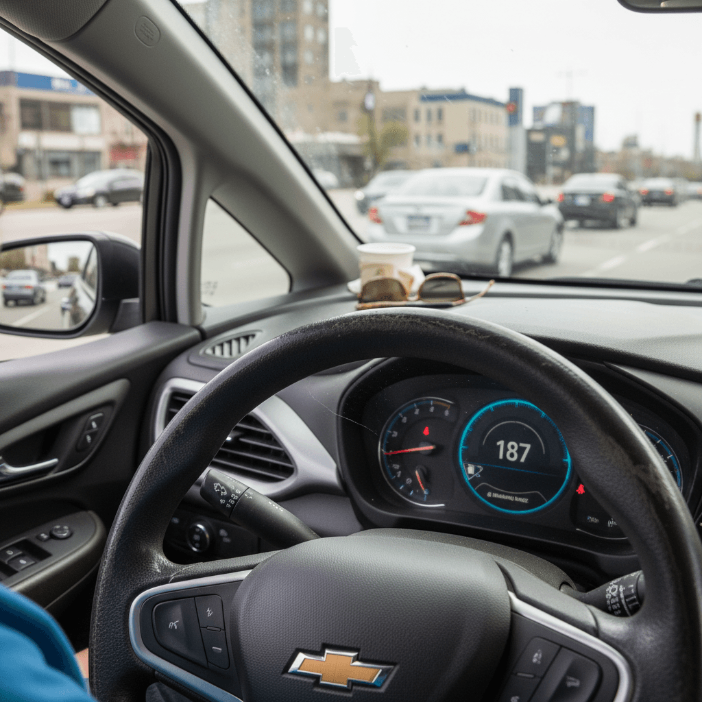 Chevrolet Bolt EV driver using steering wheel controls and central touchscreen while monitoring remaining battery range on the digital cluster
