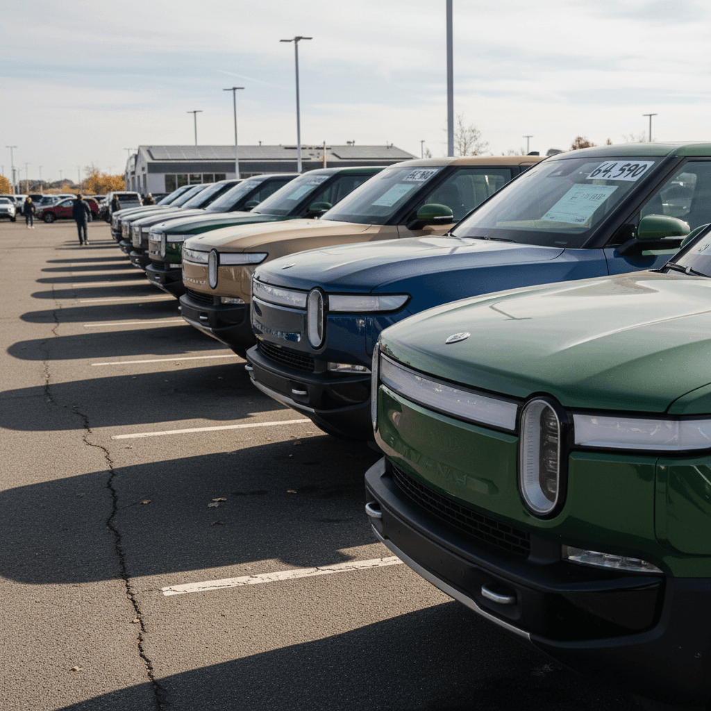 Used Rivian R1T trucks parked on a dealer lot with price stickers in the windows