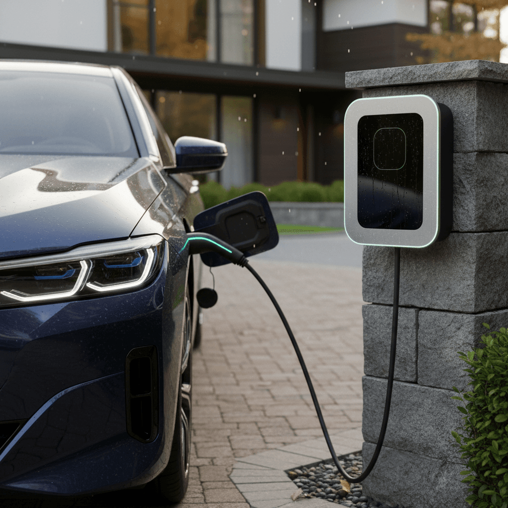 BMW i7 plugged into a home wallbox charger in a residential driveway