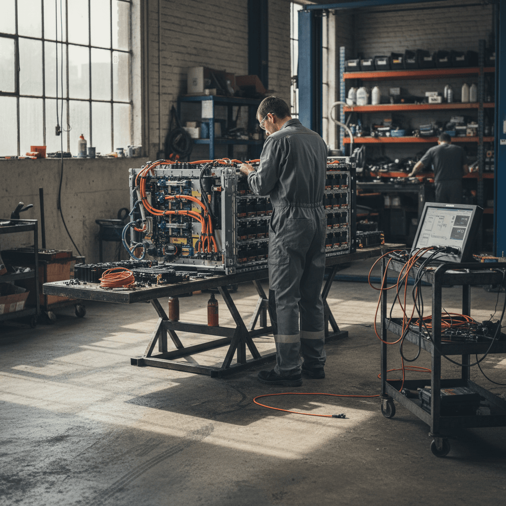 Technician in proper safety gear inspecting an EV battery pack in an independent service bay