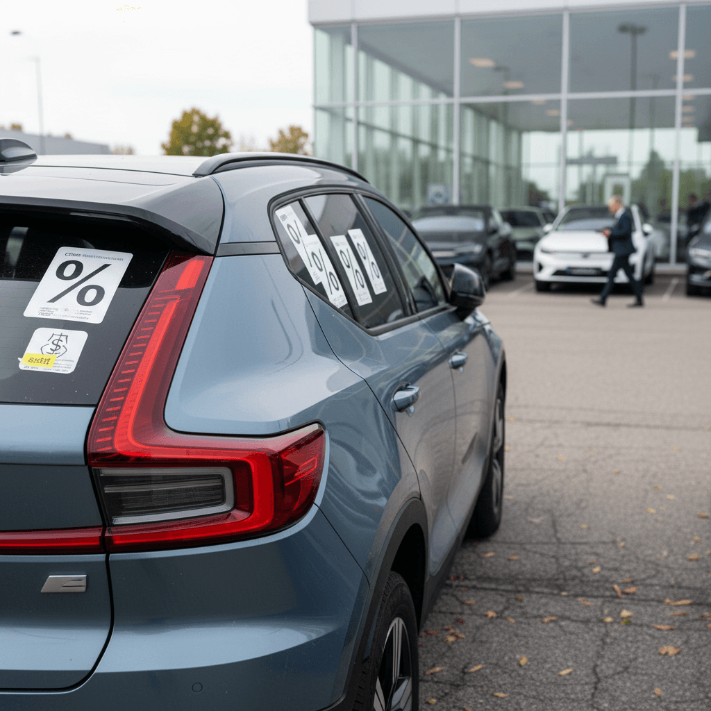 Used Volvo C40 Recharge electric SUVs lined up at a dealer lot with window stickers