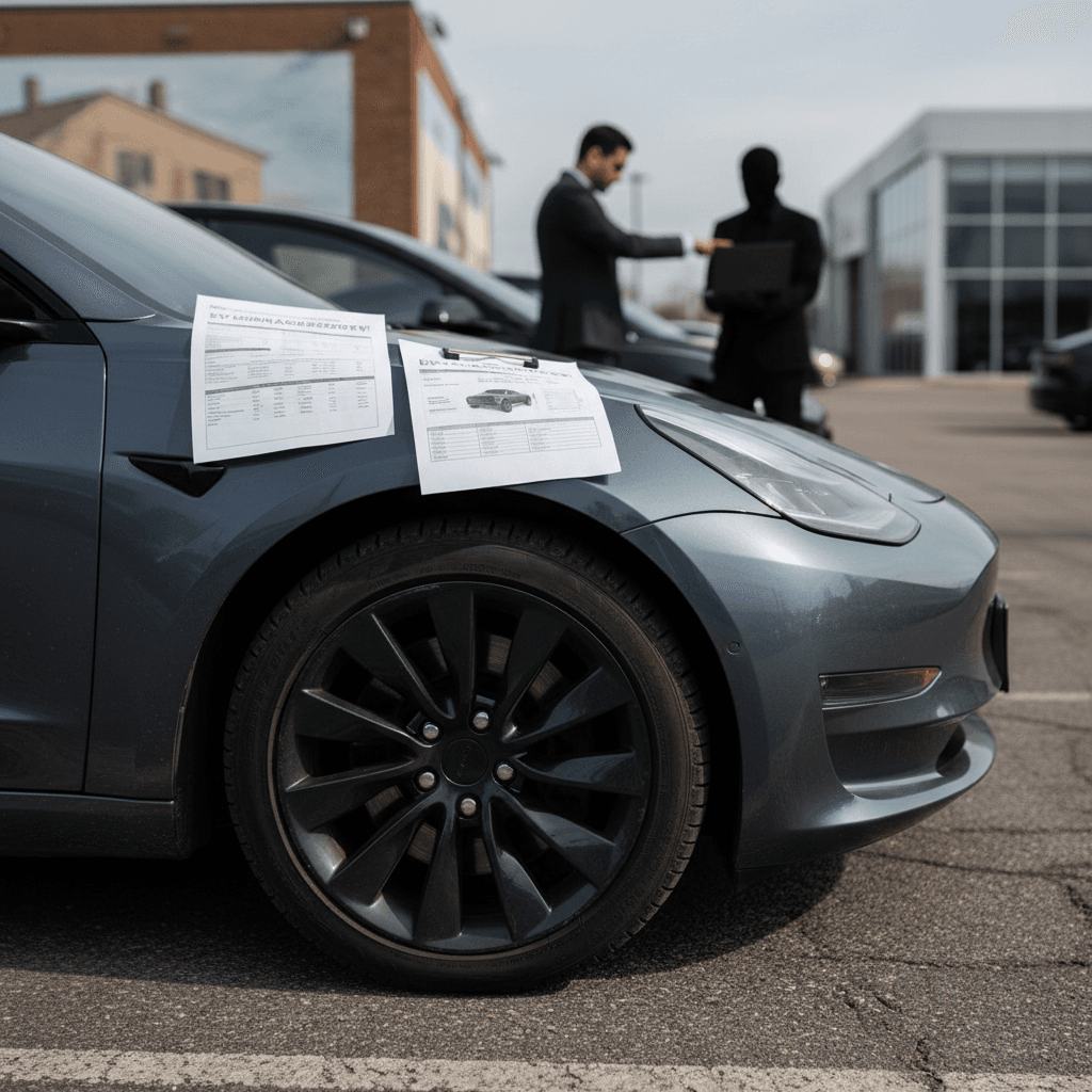 Row of new electric SUVs parked on a dealership lot