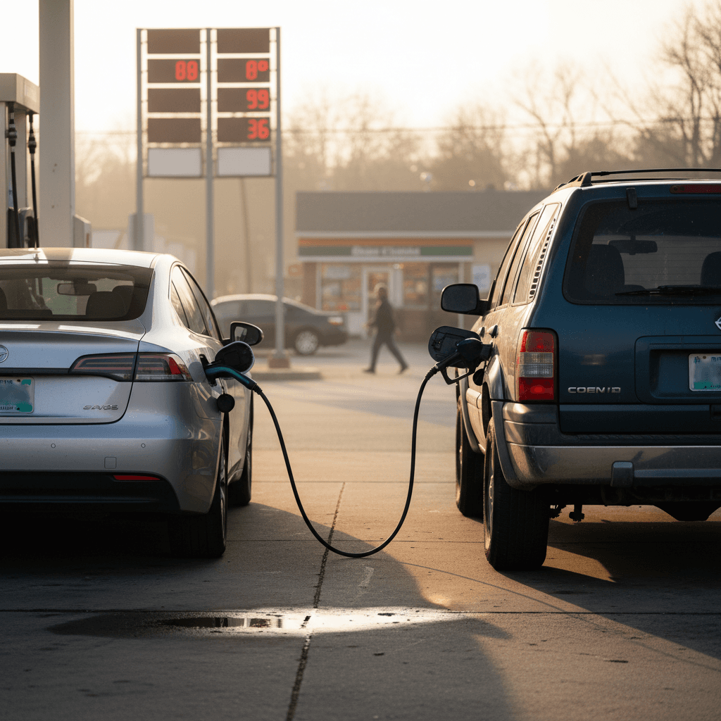 Electric vehicle and gasoline car parked side by side at a North Carolina gas station with price signs visible, contrasting gas and electricity costs.