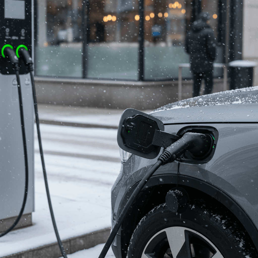 Volvo C40 Recharge plugged into a DC fast charger at a snowy public charging station
