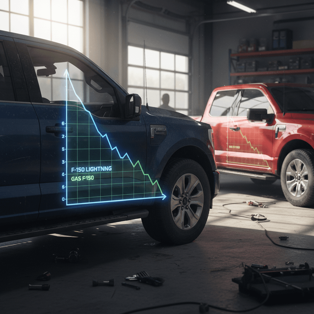 Illustrated depreciation curves showing a Ford F-150 Lightning losing value faster than a gas F-150 over five years