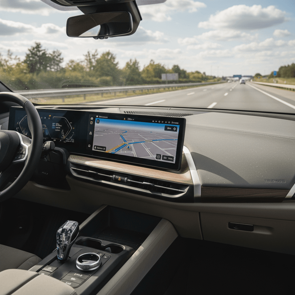 View from inside a BMW iX cabin showing navigation and driver-assistance active while cruising on the highway