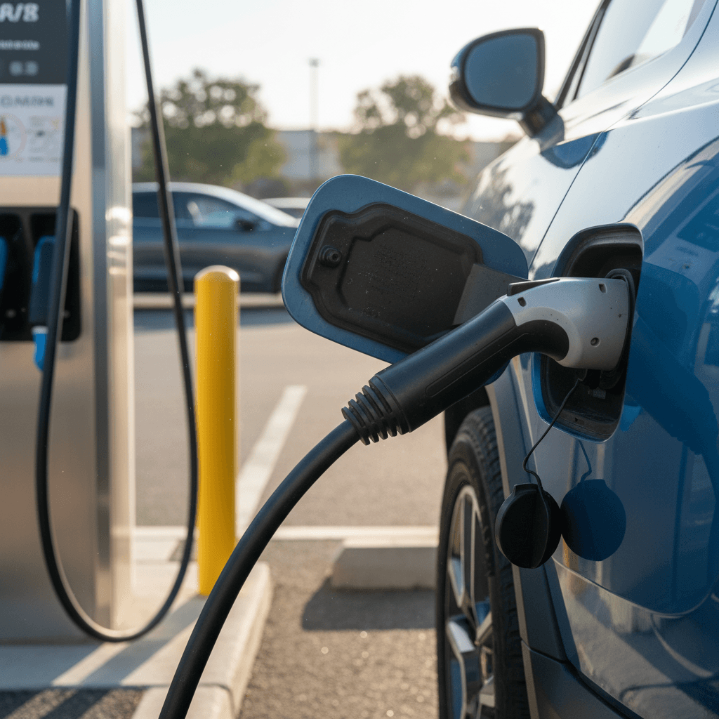 Rivian R1S plugged into a DC fast charger, with focus on the charging port and cable