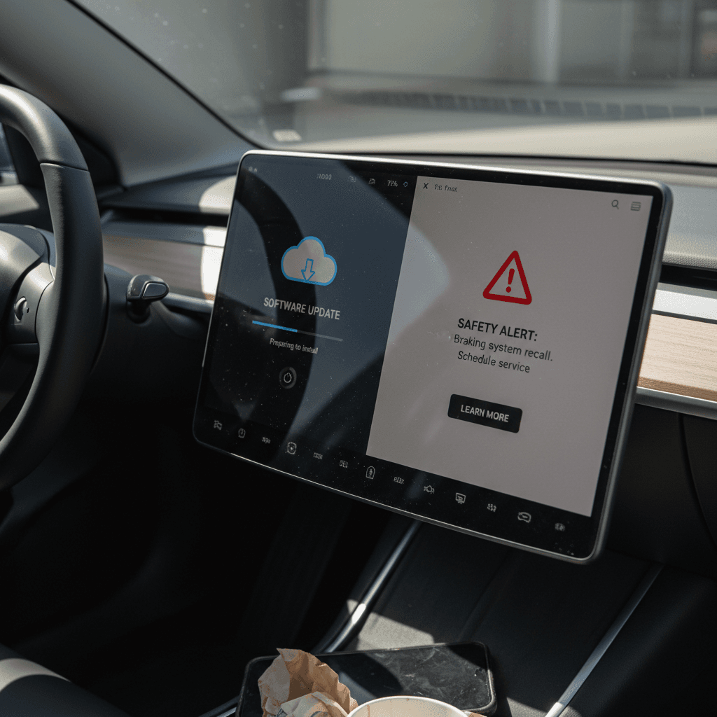Tesla Model 3 interior touchscreen showing a software update and safety notification