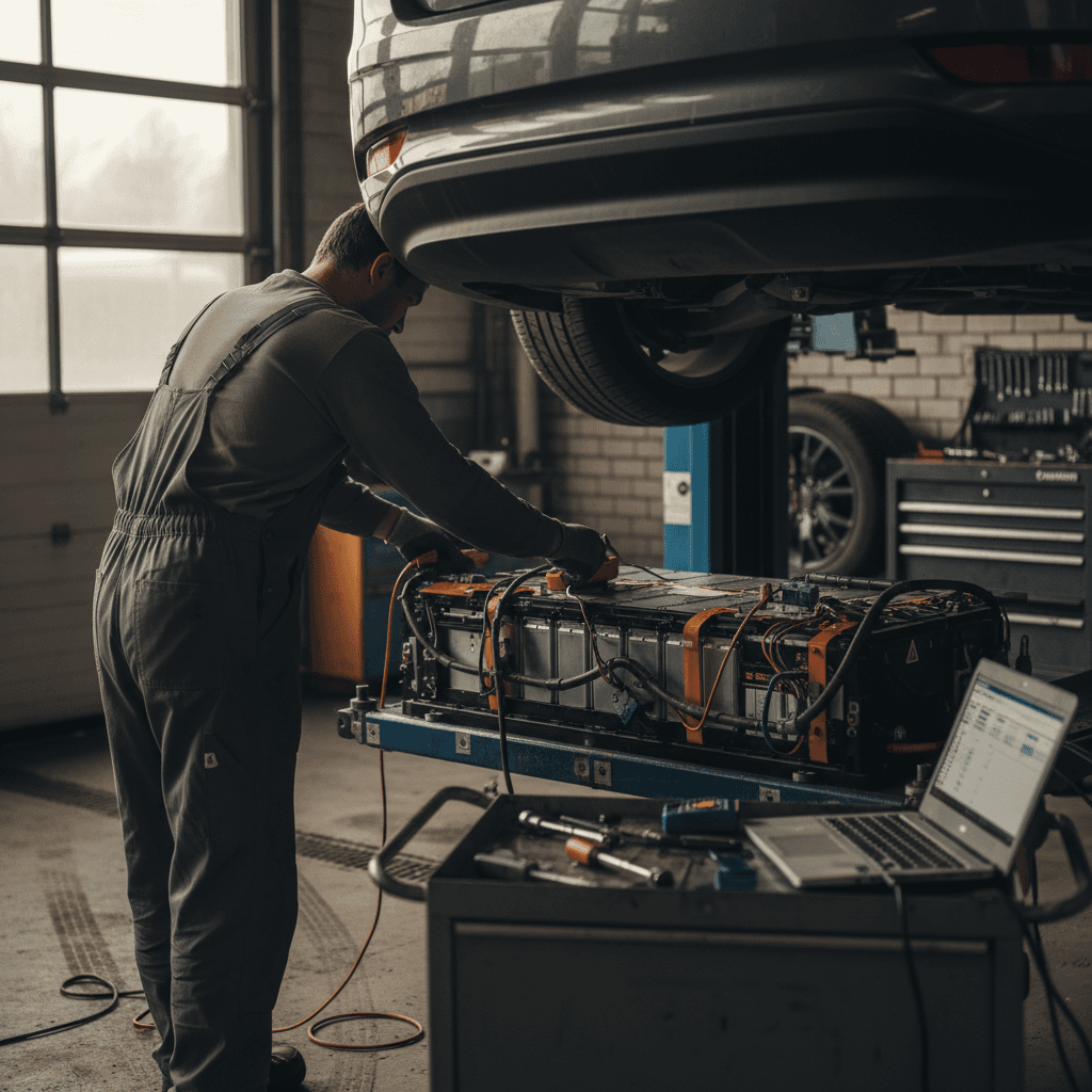 Electric vehicle raised on a lift inside a modern repair shop