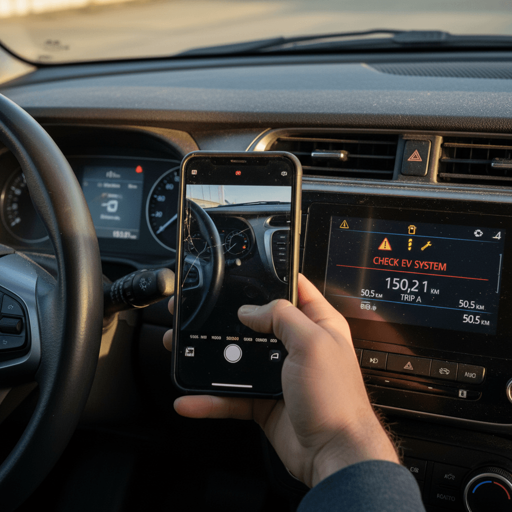 Driver photographing EV dashboard warnings and odometer for a warranty claim
