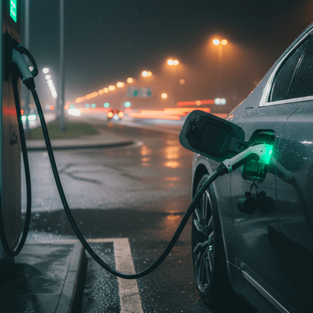BMW i7 connected to a DC fast charger at a highway rest stop at night