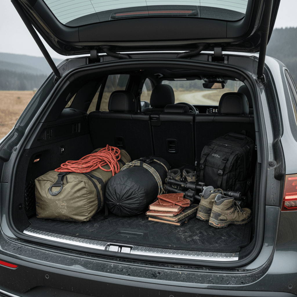 Mercedes EQE SUV rear cargo area with rear seats folded flat and suitcases loaded to show maximum usable space