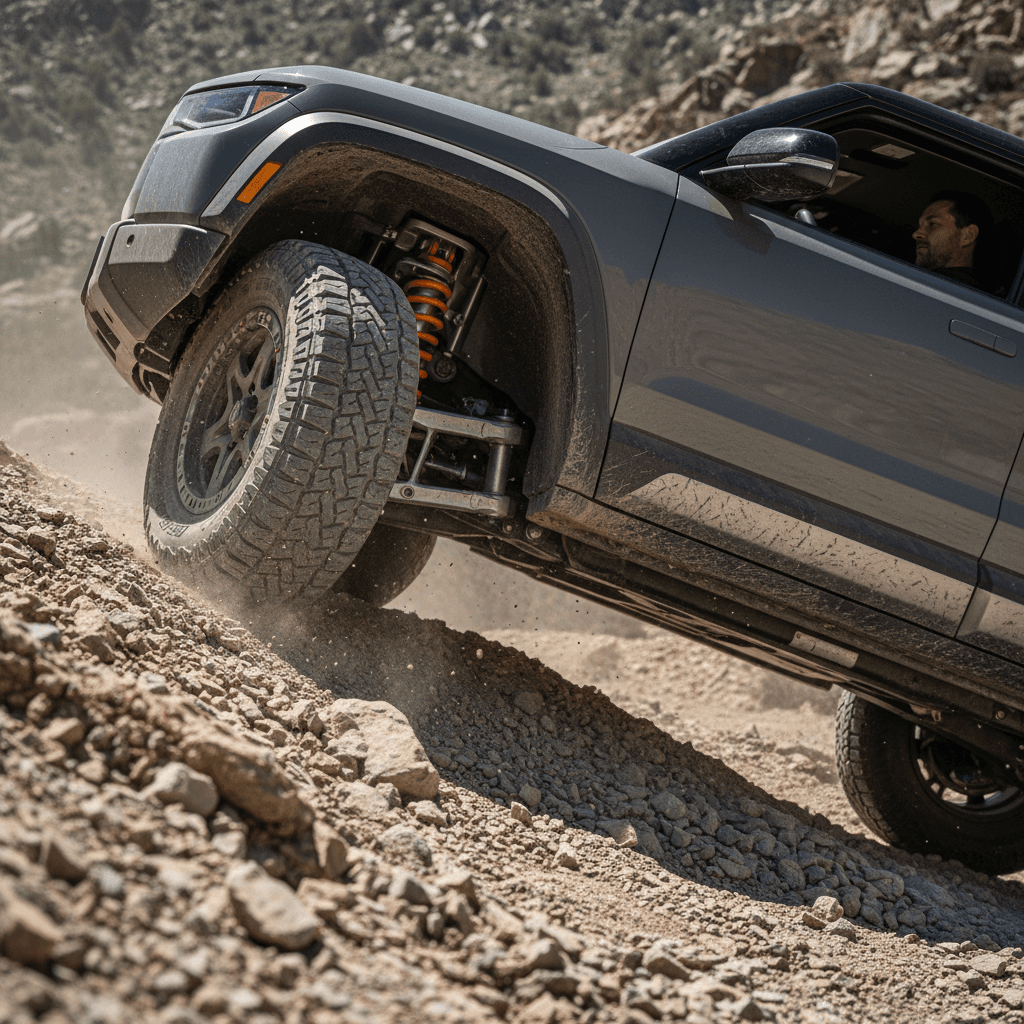 Rugged electric SUV on rocky trail flexing suspension with skid plates and all-terrain tires visible