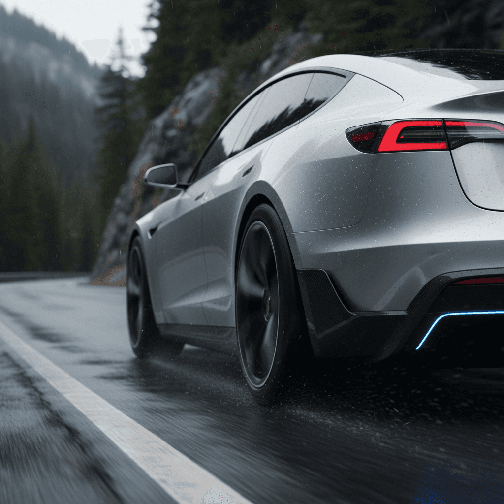 A Tesla Model S Plaid driving quickly on an open road, illustrating real-world EV performance