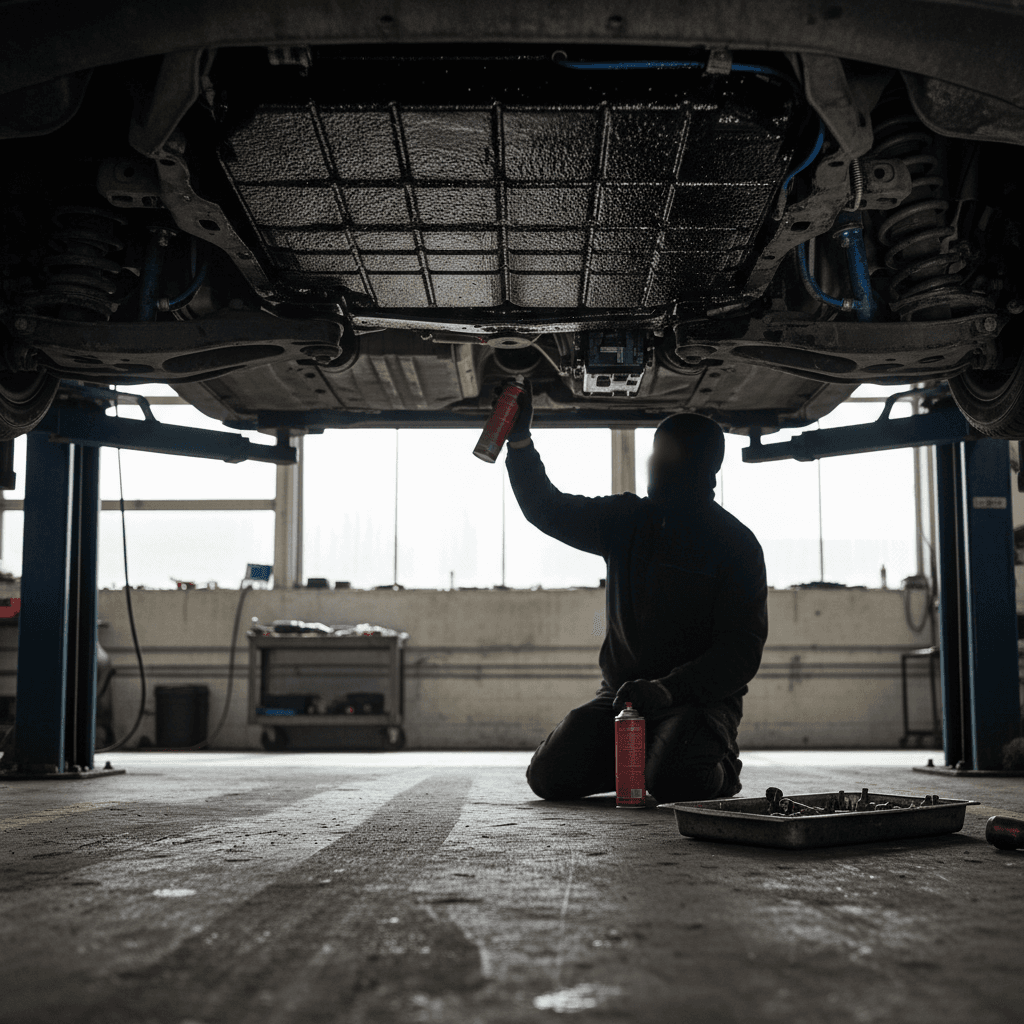 Technician on a lift inspecting an electric vehicle’s undercarriage and battery enclosure for corrosion or damage.