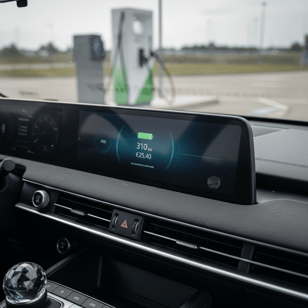 Genesis GV60 interior dashboard showing charging information, cost and range estimates on the center display