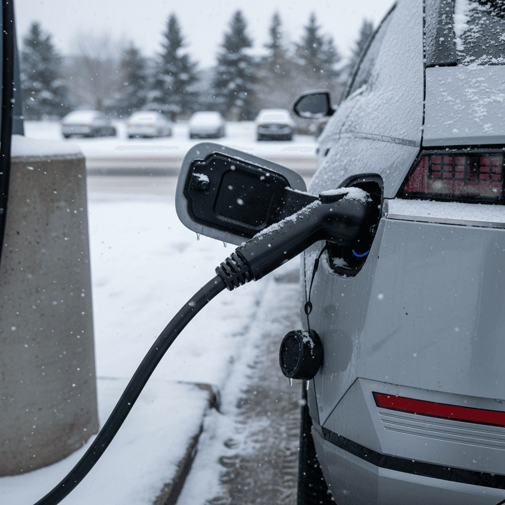 Hyundai Ioniq 5 charging at a public fast charger while light snow falls, illustrating winter EV charging conditions