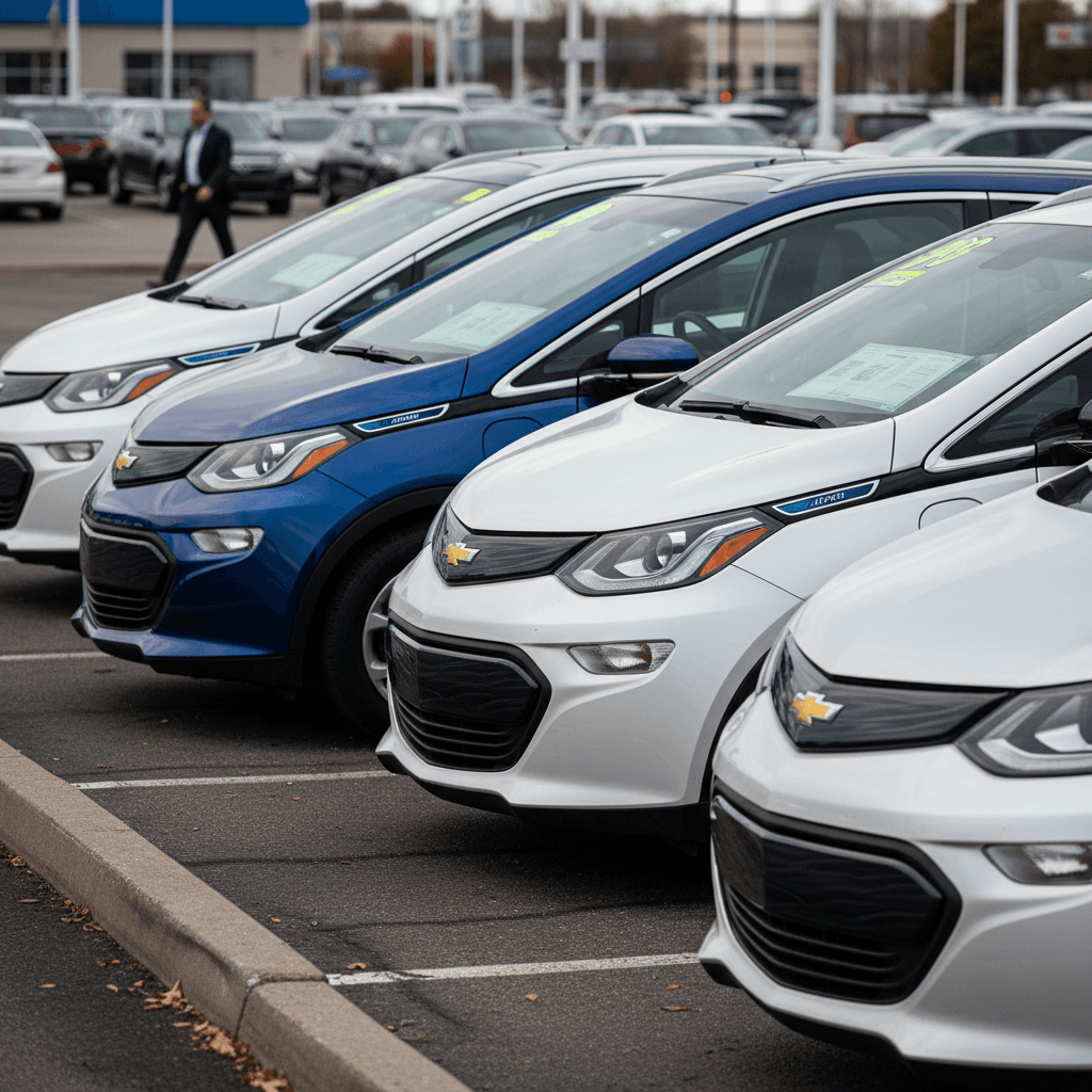 Used Chevrolet Bolt EVs parked on a dealership lot, highlighting wide price differences by year and battery status