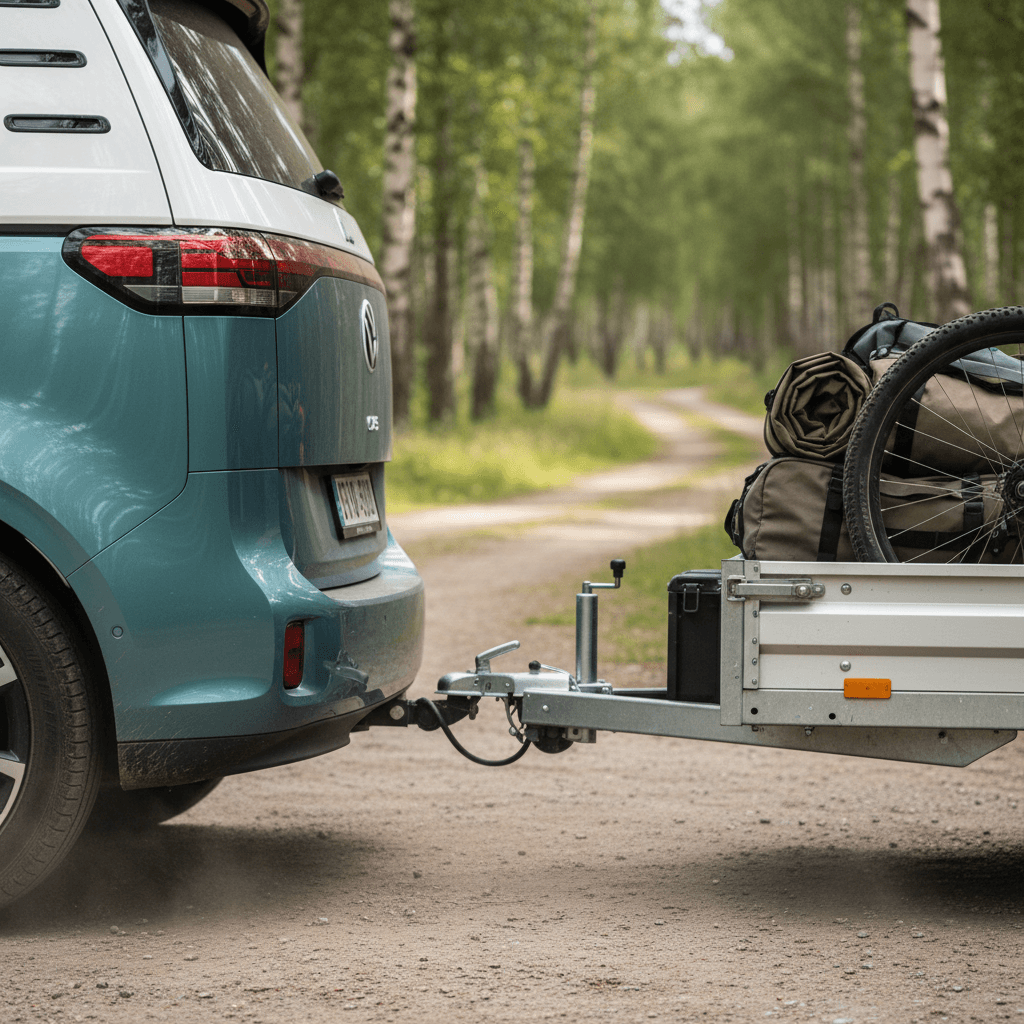 Volkswagen ID. Buzz with factory tow hitch backing toward a small camping trailer