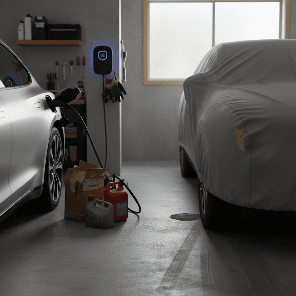 Row of used electric vehicles parked at a dealership lot