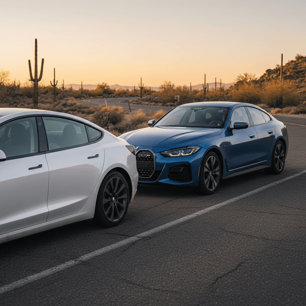 Side-by-side interiors of a Tesla Model 3 and BMW i4 showing different design philosophies, minimalist vs traditional luxury