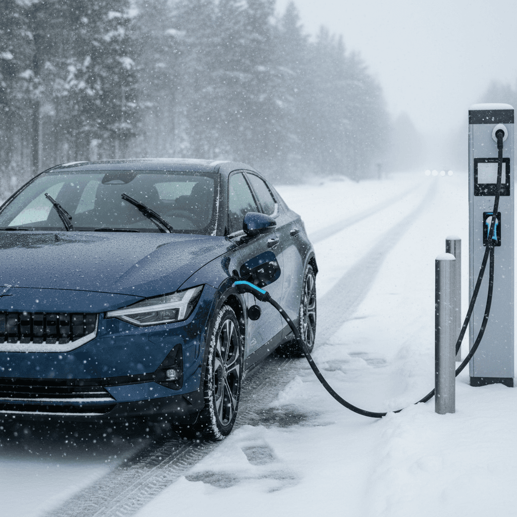 Polestar 2 charging at a public DC fast charger in snowy conditions, illustrating winter road trip charging