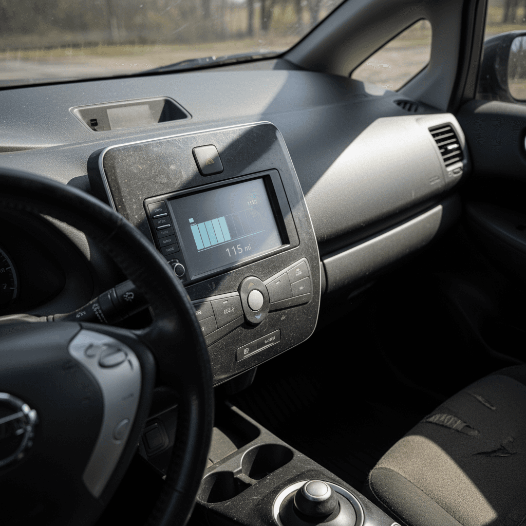 Close view of a Nissan Leaf instrument cluster highlighting the thin battery capacity bars separate from the main charge gauge.