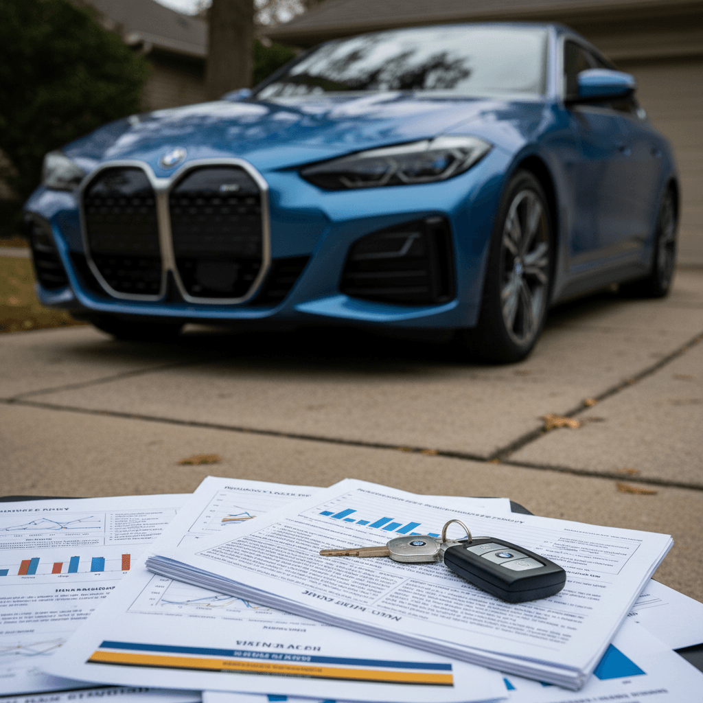 Insurance paperwork and car keys on a desk with a blue BMW i4 parked just outside a window