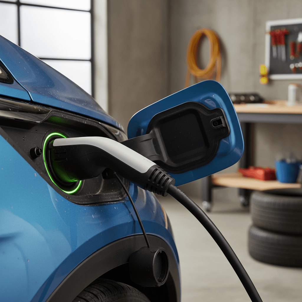 Chevy Bolt EV plugged into a Level 2 home charger, showing battery percentage on the dashboard