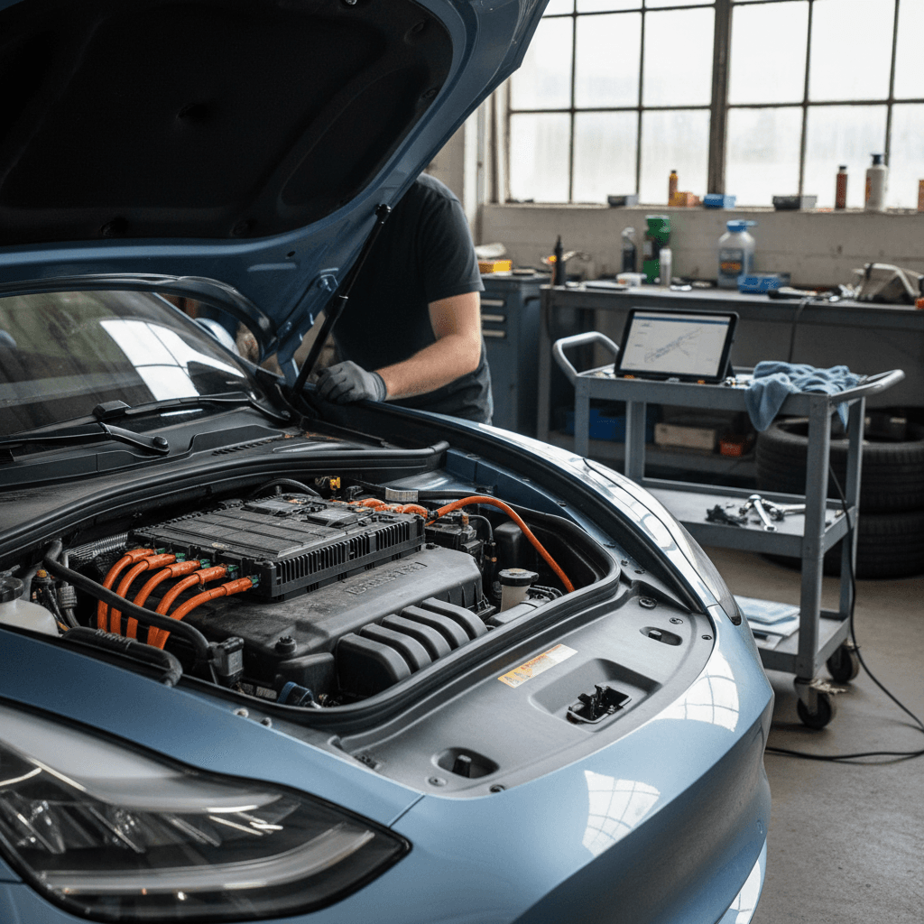EV technician in safety gear working on a high-voltage battery system in a workshop