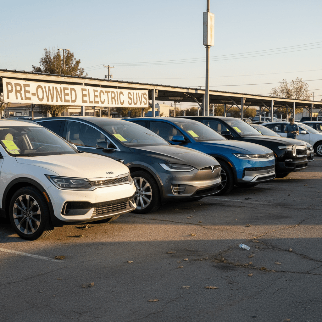 Lineup of Kia EV9 and rival three-row electric SUVs at a used car lot, angled front view