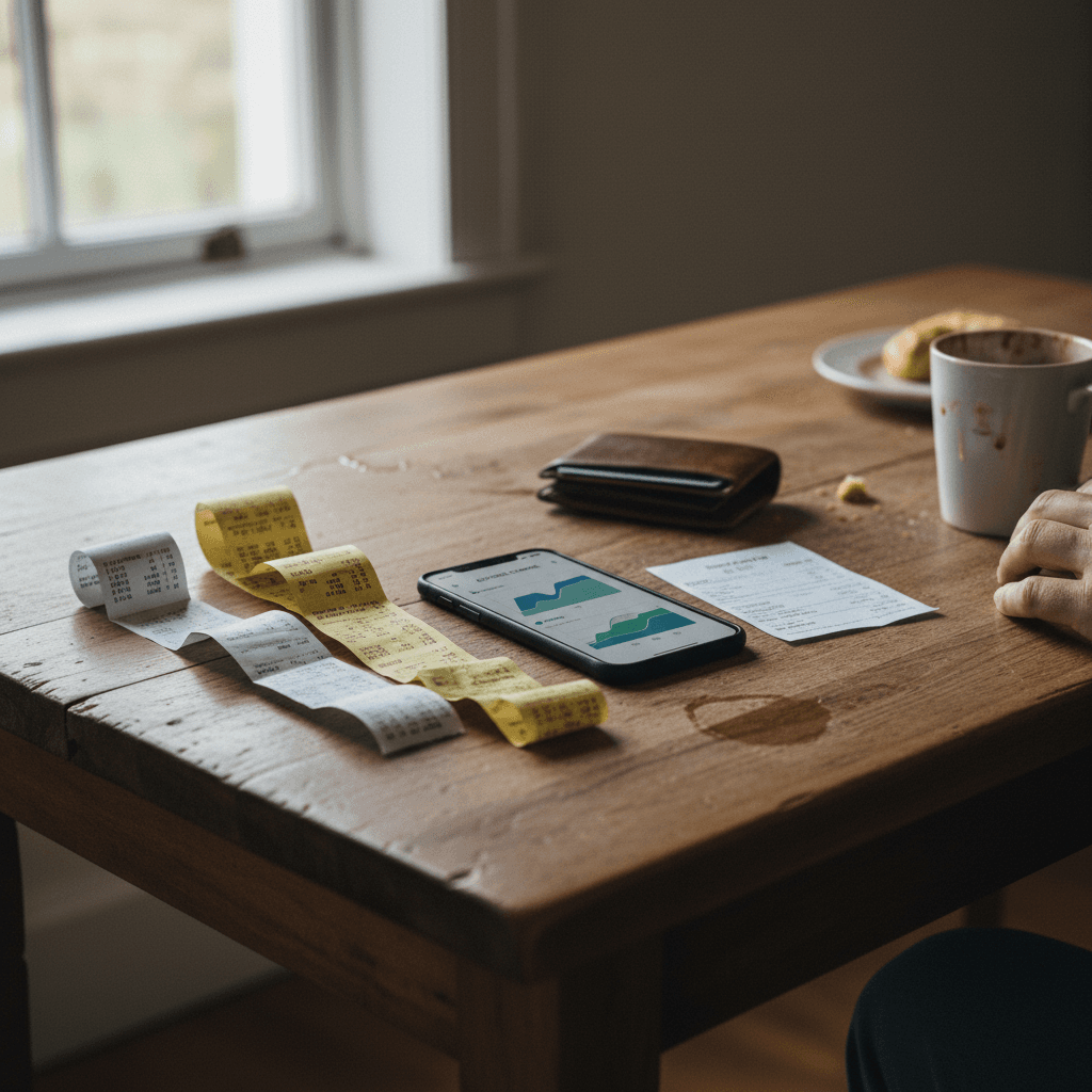 Driver comparing gas receipts to electric charging costs while planning future vehicle budget