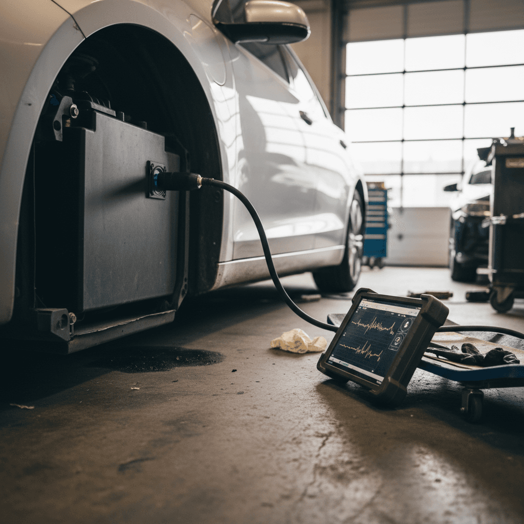 View of an electric car battery pack integrated into the underfloor chassis of a vehicle