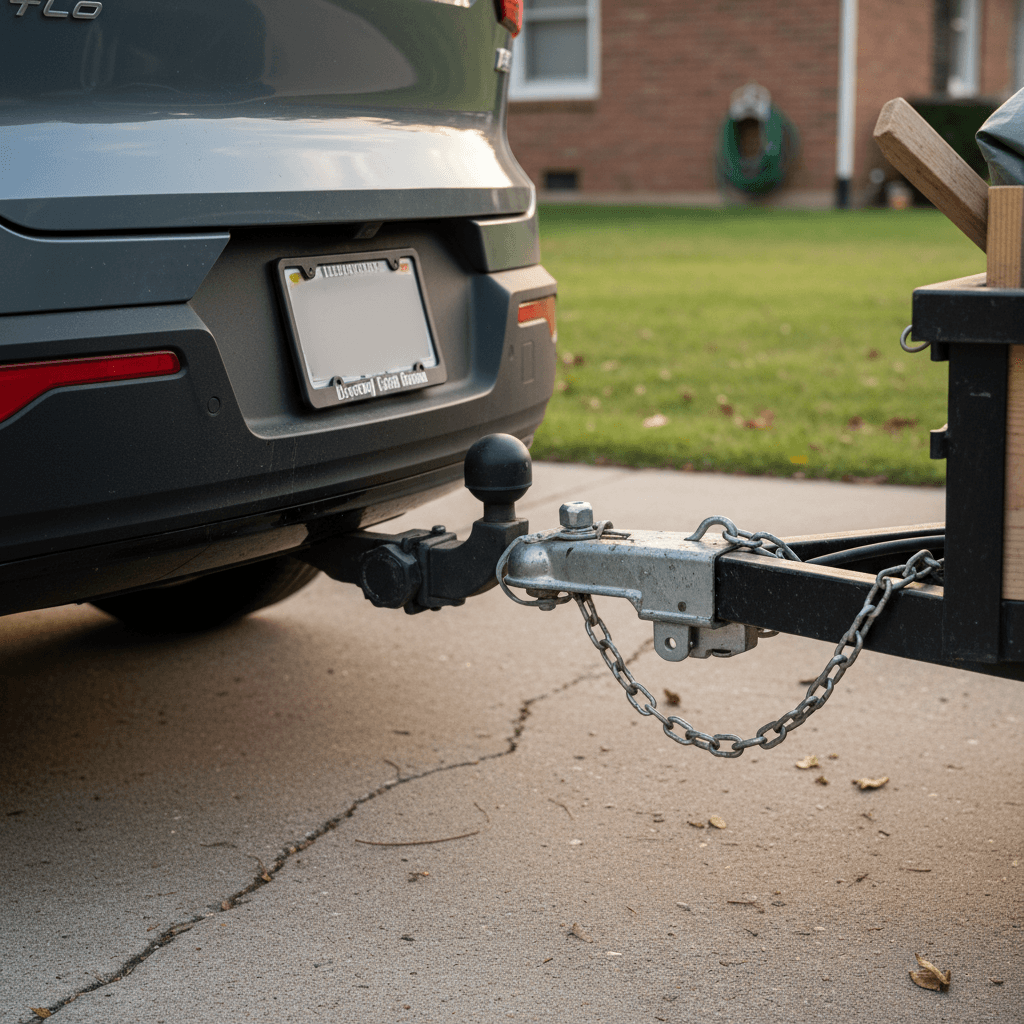 Volvo C40 Recharge with receiver hitch attached to a small trailer in a driveway