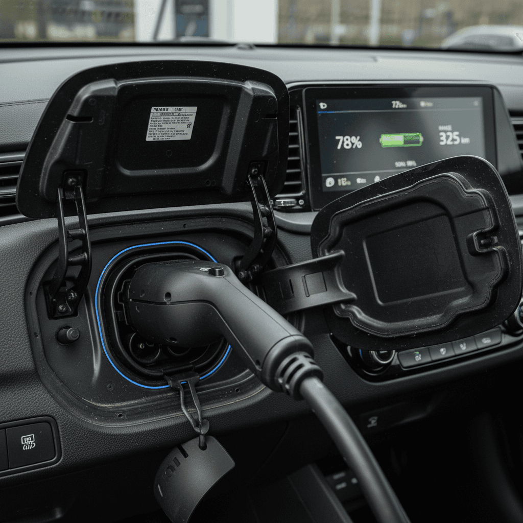 Kia Niro EV plugged into a home charger with its dashboard displaying state of charge and estimated driving range