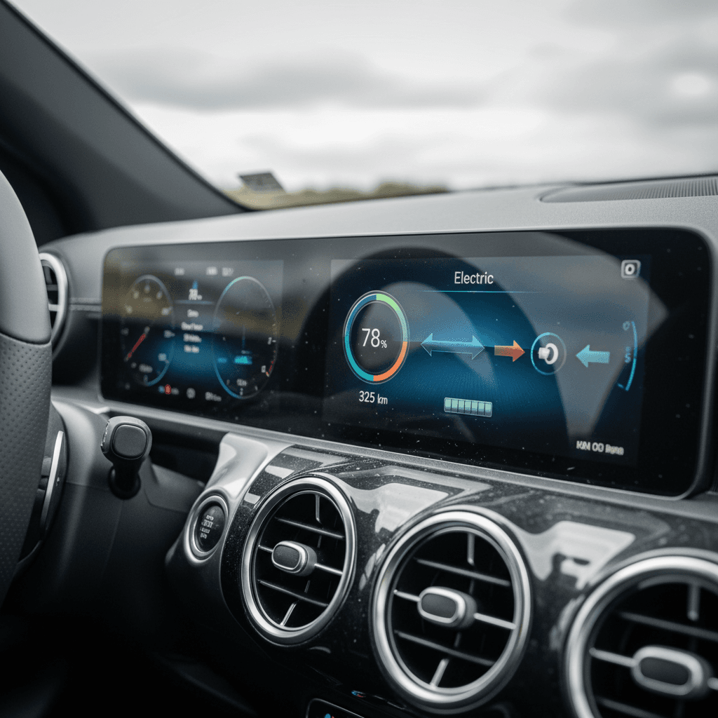 Mercedes EQB instrument cluster and center display showing battery state of charge and remaining range estimate
